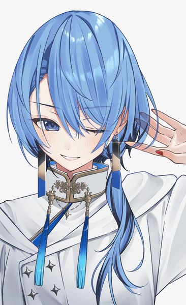 Anime picture 2500x4093 with virtual youtuber hololive hoshimachi suisei hoshimachi suisei (8th costume) nisi ki no single long hair tall image highres blue eyes simple background smile white background blue hair upper body nail polish one eye closed grin official alternate costume low ponytail