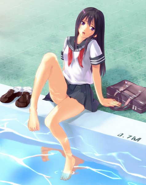 Anime picture 800x1010 with original meso-meso single long hair tall image open mouth black hair purple eyes barefoot bare legs girl skirt serafuku school bag pool