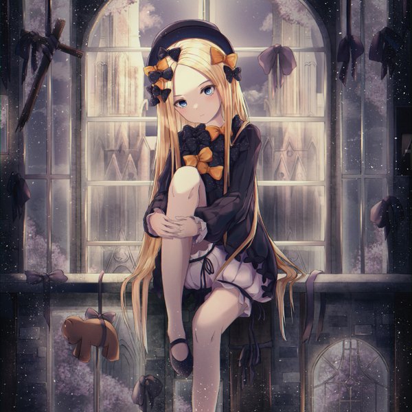 Anime picture 5000x5000 with fate (series) fate/grand order abigail williams (fate) minpark single long hair looking at viewer blush fringe highres blue eyes blonde hair sitting absurdres sky indoors long sleeves head tilt leg hug girl