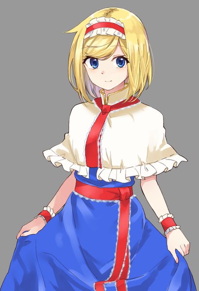 Anime picture 684x1000 with touhou alice margatroid taiki (ozone) single tall image looking at viewer fringe short hair blue eyes simple background blonde hair light smile grey background girl hairband