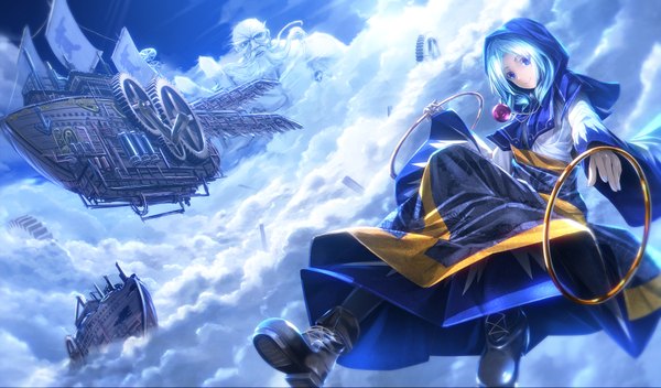 Anime picture 1700x1000 with touhou kumoi ichirin unzan ryosios looking at viewer short hair open mouth blue eyes wide image holding blue hair sky cloud (clouds) bent knee (knees) flying lacing angry fog mechanical bald