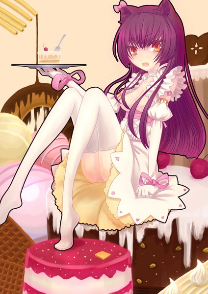 Anime picture 2894x4093 with original go sai (475789336) single long hair tall image highres animal ears yellow eyes purple hair cat ears girl thighhighs dress gloves white thighhighs elbow gloves food sweets