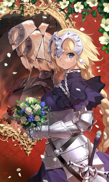 Anime picture 1800x3006 with fate (series) fate/grand order jeanne d'arc (fate) (all) jeanne d'arc alter (fate) jeanne d'arc (fate) yd (orange maru) long hair tall image looking at viewer fringe highres short hair breasts blue eyes blonde hair standing multiple girls holding signed braid (braids)