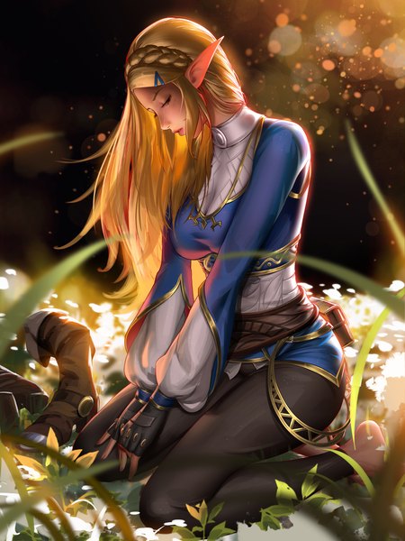 Anime picture 3000x4000 with the legend of zelda the legend of zelda: breath of the wild nintendo princess zelda liang xing single long hair tall image highres breasts simple background blonde hair large breasts sitting full body bent knee (knees) braid (braids) eyes closed parted lips barefoot