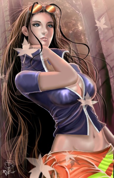 Anime picture 1549x2416 with one piece toei animation nico robin tiodpraz single long hair tall image blue eyes brown hair cleavage lips realistic midriff sunglasses on head girl navel plant (plants) tree (trees) leaf (leaves) sunglasses