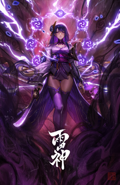 Anime picture 1553x2400 with genshin impact raiden shogun daniel deng single long hair tall image looking at viewer fringe breasts light erotic standing purple eyes holding purple hair full body braid (braids) nail polish traditional clothes parted lips japanese clothes