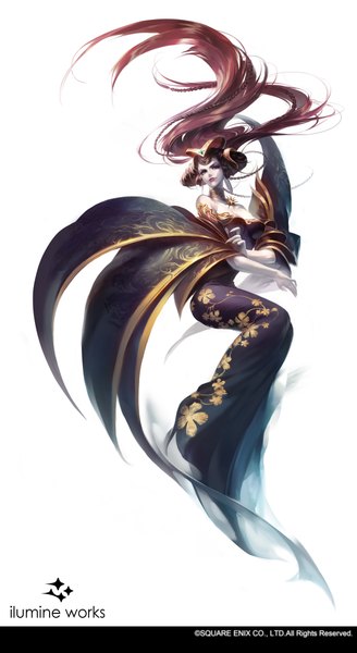 Anime picture 2414x4406 with square enix cristian penas single tall image looking at viewer highres breasts black hair simple background bare shoulders yellow eyes cleavage long sleeves very long hair fingernails light smile lips wide sleeves lipstick floral print