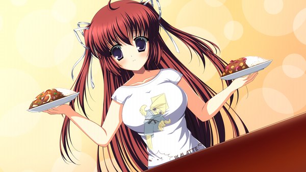 Anime picture 1024x576 with uni. special limited edition (game) long hair blush wide image purple eyes game cg red hair girl food