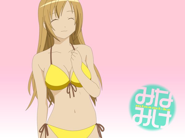 Anime picture 1600x1200 with minami-ke minami haruka light erotic pink background swimsuit bikini tagme