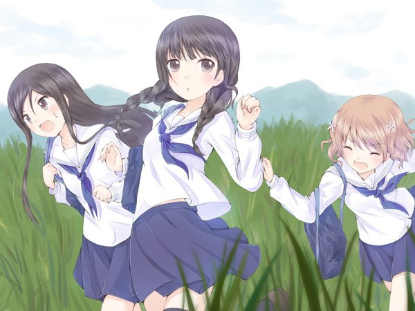 Anime picture 1024x768 with hanasaku iroha p.a. works matsumae ohana oshimizu nako tsurugi minko long hair blush short hair open mouth black hair brown hair multiple girls braid (braids) eyes closed grey eyes twin braids running girl skirt uniform