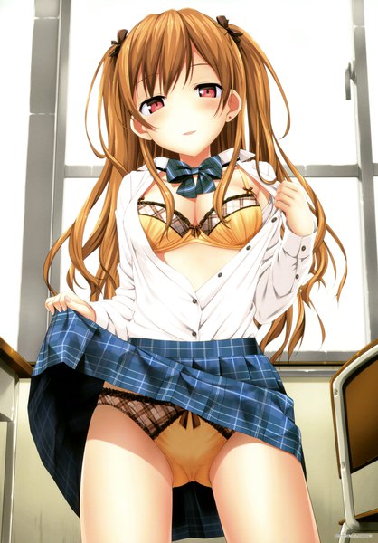 Anime picture 2647x3800 with melonbooks takayaki single long hair tall image looking at viewer blush highres breasts light erotic red eyes brown hair scan official art two side up open shirt skirt lift girl uniform underwear