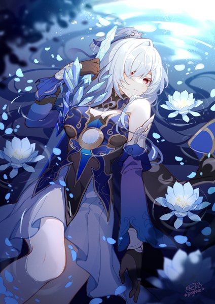 Anime picture 1500x2122 with honkai: star rail honkai (series) jingliu (honkai: star rail) gou lianlian dogface single long hair tall image looking at viewer fringe breasts red eyes bare shoulders signed silver hair from above hair over one eye partially submerged girl gloves flower (flowers)