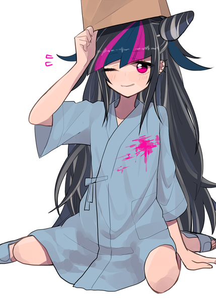 Anime picture 679x950 with dangan ronpa super dangan ronpa 2 mioda ibuki uttao single long hair tall image blush fringe black hair smile sitting pink hair one eye closed pink eyes multicolored hair wink hair bun (hair buns) streaked hair piercing