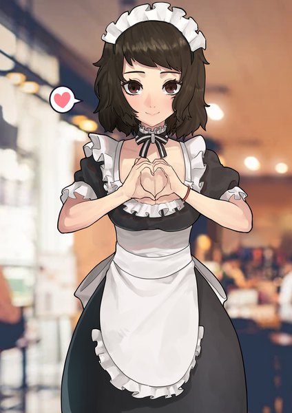 Anime picture 2894x4093 with persona 5 persona kawakami sadayo eungi single tall image looking at viewer fringe highres short hair breasts black hair smile brown hair brown eyes cleavage blurry short sleeves maid puffy sleeves