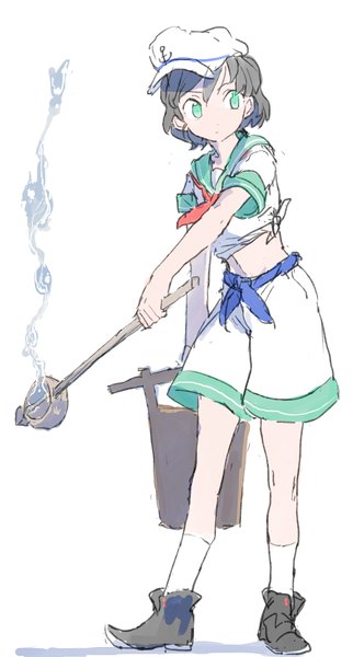 イラスト 537x1000 と 東方 村紗水蜜 もつ煮 ソロ 長身像 短い髪 黒髪 simple background 白背景 緑の目 looking away bare belly 女の子 水 ソックス ショーツ 白いソックス セーラー フラットキャップ 白いショットパンツ