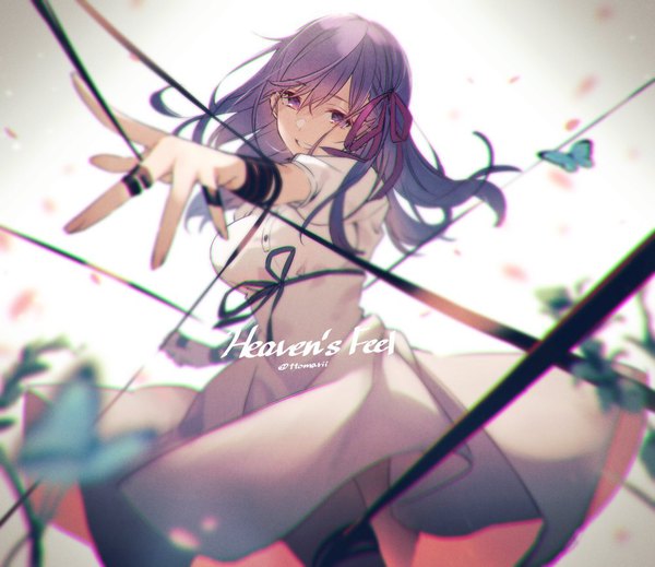 Anime picture 1000x866 with fate (series) fate/stay night matou sakura tomari (veryberry00) single long hair looking at viewer fringe smile hair between eyes white background purple eyes purple hair depth of field copyright name floating hair outstretched hand walking anaglyph bondage