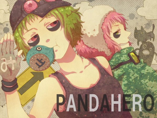 Anime picture 1600x1200 with vocaloid panda hero (vocaloid) gumi aka (artist) pink hair looking back green hair grin dual persona face paint military girl gloves hat animal fingerless gloves cat cap bubblegum directional arrow