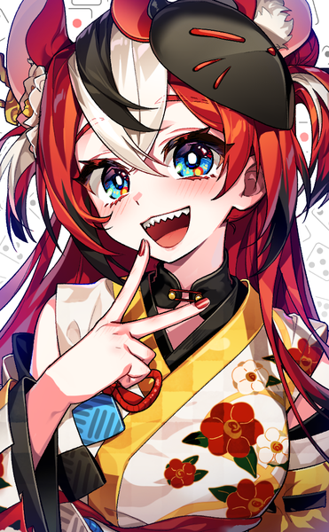 Anime picture 650x1050 with virtual youtuber hololive hololive english hakos baelz cika k single long hair tall image fringe open mouth blue eyes hair between eyes animal ears upper body red hair nail polish :d multicolored hair teeth two side up