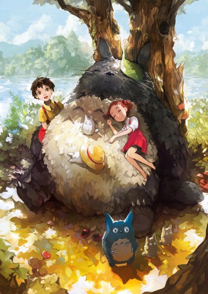 Anime picture 1000x1414 with tonari no totoro studio ghibli totoro chibi totoro kusakabe mei kusakabe satsuki alchemaniac tall image short hair open mouth black hair brown hair standing sitting twintails brown eyes sky cloud (clouds) lying eyes closed