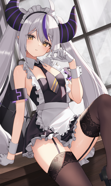 Anime picture 1115x1852 with virtual youtuber hololive la+ darknesss thomas 8000 single long hair tall image looking at viewer blush fringe light erotic hair between eyes sitting brown eyes silver hair ahoge indoors multicolored hair horn (horns) pointy ears