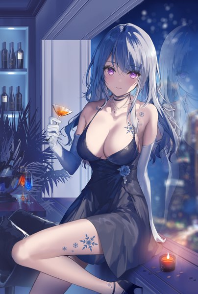 Anime picture 1200x1780 with original necomi (gussan) single long hair tall image looking at viewer blush fringe breasts light erotic hair between eyes large breasts standing purple eyes bare shoulders holding cleavage indoors grey hair night