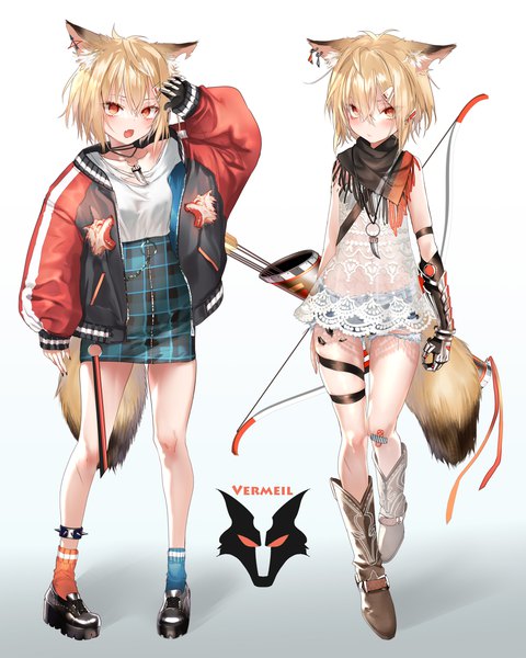 Anime-Bild 2000x2500 mit arknights vermeil (arknights) pottsness tall image looking at viewer blush fringe highres short hair simple background blonde hair hair between eyes standing animal ears full body tail long sleeves nail polish animal tail arm up