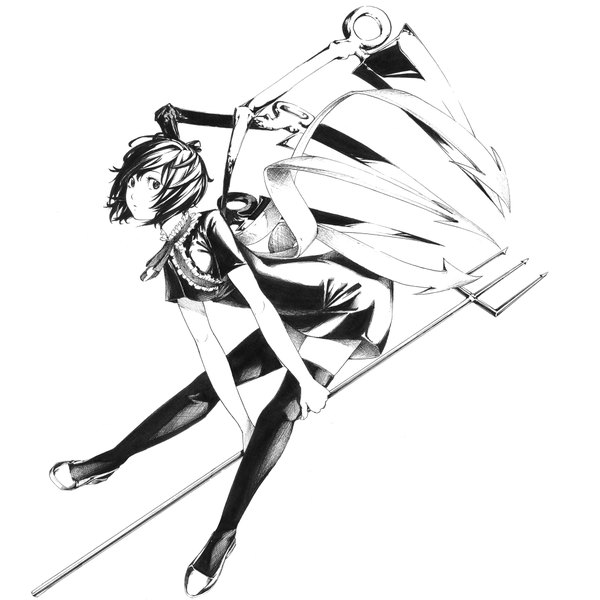 Anime picture 1000x1000 with touhou houjuu nue sousou (sousouworks) single short hair simple background white background full body monochrome girl thighhighs black thighhighs wings trident