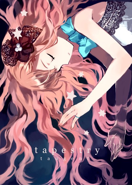 Anime picture 1070x1500 with original tan (tangent) single long hair tall image bare shoulders pink hair eyes closed nail polish inscription girl bow star (symbol) ring