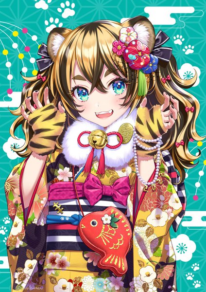 Anime-Bild 1157x1637 mit original morikura en single long hair tall image looking at viewer blush fringe open mouth blue eyes simple background smile hair between eyes standing twintails animal ears nail polish traditional clothes :d japanese clothes