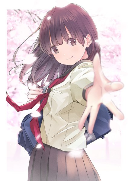 Anime picture 827x1169 with original chikuwa (odennabe) single long hair tall image looking at viewer fringe smile brown hair brown eyes pleated skirt cherry blossoms border outstretched hand girl skirt petals school bag