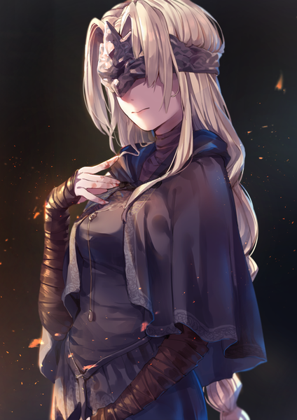 Anime picture 2894x4093 with dark souls (series) dark souls dark souls 3 from software fire keeper mr.lime single tall image fringe highres simple background blonde hair standing payot upper body braid (braids) very long hair arm up single braid hand on chest