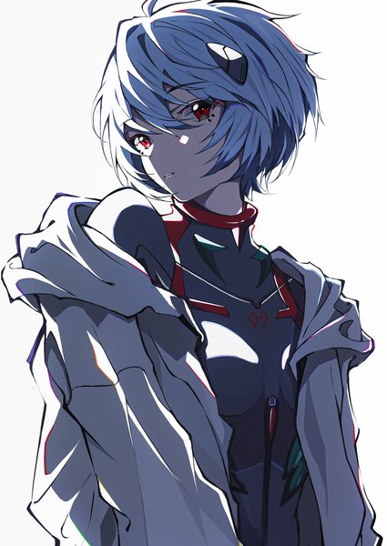 Anime picture 2508x3541 with neon genesis evangelion rebuild of evangelion evangelion: 3.0 you can (not) redo gainax ayanami rei pension z single tall image looking at viewer fringe highres short hair simple background hair between eyes red eyes white background blue hair upper body open jacket girl