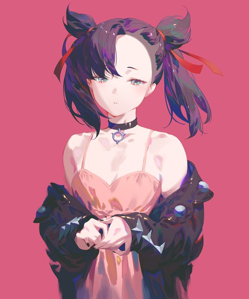 Anime picture 2500x3000 with pokemon pokemon swsh nintendo marnie (pokemon) fajyobore single tall image looking at viewer fringe highres short hair black hair simple background standing twintails bare shoulders long sleeves nail polish aqua eyes off shoulder