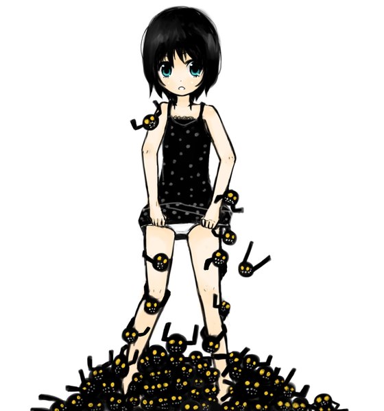 Anime picture 898x961 with original yami shoujo tagme (artist) single tall image looking at viewer short hair breasts open mouth blue eyes light erotic black hair simple background standing white background flat chest polka dot girl dress underwear