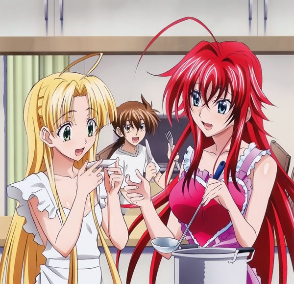 Anime picture 3370x3249 with highschool dxd rias gremory asia argento hyoudou issei mishima hiroji long hair highres short hair open mouth blue eyes blonde hair brown hair multiple girls absurdres red hair scan official art naked apron cooking girl