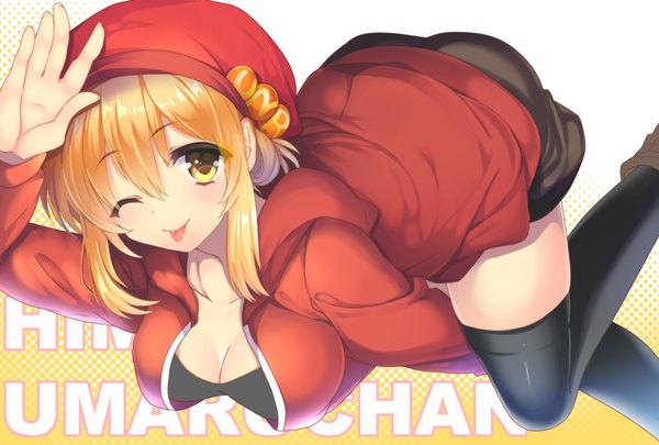 Anime picture 3496x2362 with himouto! umaru-chan doga kobo doma umaru uzura (artist) single long hair looking at viewer blush fringe highres breasts light erotic blonde hair smile large breasts yellow eyes payot absurdres cleavage bent knee (knees)