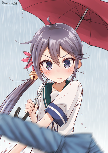 Anime picture 1105x1564 with kantai collection akebono destroyer nayuhi (yukimuu14) single long hair tall image looking at viewer blush fringe hair between eyes purple eyes holding signed upper body parted lips grey hair depth of field side ponytail rain angry