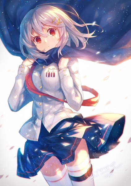 Anime picture 1065x1506 with original heiwari kanade single tall image looking at viewer fringe short hair red eyes white hair pleated skirt wind sunlight girl thighhighs skirt uniform hair ornament white thighhighs bobby pin x hair ornament