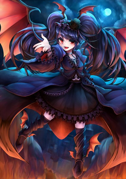Anime picture 1446x2046 with original teko single long hair tall image looking at viewer open mouth black hair red eyes twintails girl dress hat wings boots frills moon mini hat mini top hat