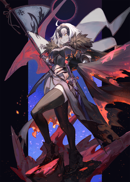 Anime picture 998x1400 with fate (series) fate/grand order jeanne d'arc (fate) (all) jeanne d'arc alter (fate) lack single tall image fringe short hair breasts large breasts standing holding yellow eyes looking away full body ahoge white hair sheathed eclipse