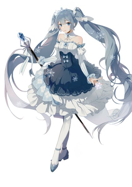 Anime picture 3507x4960 with vocaloid hatsune miku yuki miku yuki miku (2019) zhibuji loom single tall image looking at viewer highres blue eyes simple background white background twintails bare shoulders blue hair absurdres full body very long hair gradient hair frilled dress