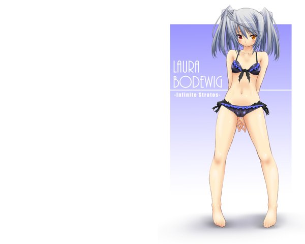 Anime picture 1920x1536 with infinite stratos 8bit laura bodewig tagme (artist) single long hair looking at viewer blush highres light erotic red eyes twintails barefoot grey hair inscription heterochromia girl navel swimsuit bikini