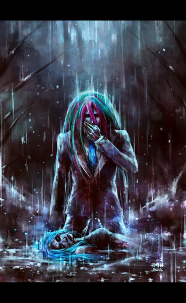 Anime picture 800x1300 with toriko sunny (toriko) shiroitora (toriko) nanfe long hair tall image signed blue hair eyes closed multicolored hair lips partially submerged dark background letterboxed rain covering injury covering face death 2014