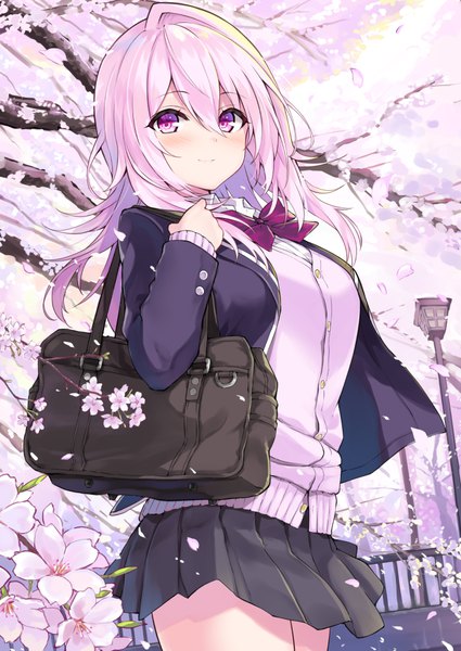 Anime picture 708x1000 with cu-no yayoi sakura hisenkaede single long hair tall image looking at viewer blush fringe breasts open mouth smile hair between eyes standing payot pink hair outdoors long sleeves pleated skirt pink eyes