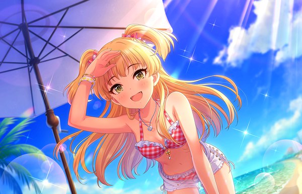 Anime picture 1280x824 with idolmaster idolmaster cinderella girls idolmaster cinderella girls starlight stage jougasaki rika single long hair looking at viewer blush fringe open mouth light erotic blonde hair smile standing bare shoulders green eyes payot sky cloud (clouds) outdoors