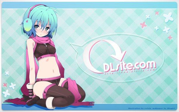 Anime picture 1920x1200 with refeia single looking at viewer highres short hair blue eyes light erotic wide image sitting bare shoulders blue hair inscription girl thighhighs gloves navel underwear panties black thighhighs boots