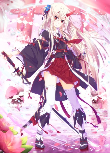Anime picture 980x1365 with original nagishiro mito single long hair tall image looking at viewer red eyes white hair traditional clothes horn (horns) oni horns girl thighhighs flower (flowers) weapon white thighhighs sword katana