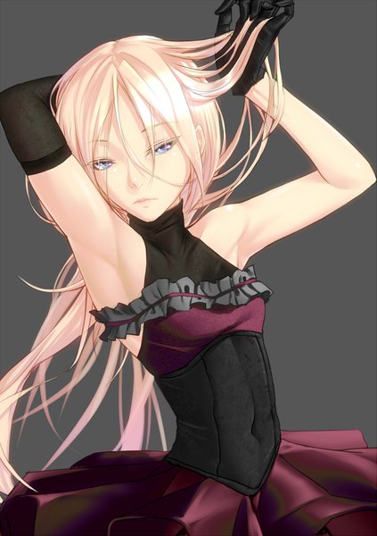 Anime-Bild 1409x2000 mit vocaloid ia (vocaloid) hiko (hiko224556) single long hair tall image looking at viewer fringe blue eyes simple background blonde hair hair between eyes bare shoulders grey background arms up armpit (armpits) sleeveless covered navel arms behind head girl