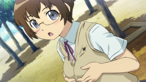 Anime picture 1280x720 with ore no imouto ga konna ni kawaii wake ga nai tamura manami looking at viewer blush short hair open mouth light erotic brown hair wide image game cg grey eyes girl uniform school uniform glasses