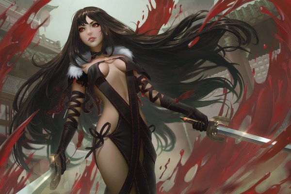 Anime picture 6000x4000 with fate (series) fate/grand order yu mei-ren (fate) raikoart tsuaii single long hair fringe highres breasts light erotic black hair red eyes standing holding payot looking away absurdres sky cleavage